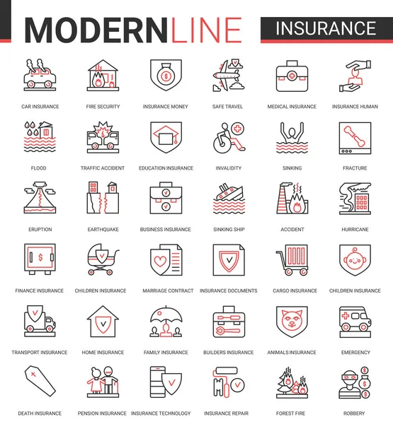 Verzekering platte dunne rode lijn pictogram vector illustratie set met overzicht verzekering infographic app symbolen van de verzekeringsdienst voor gezondheid van het gezin, woning of auto — Stockvector