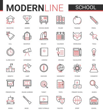 Okul eğitimi ince siyah çizgi ikonu vektör illüstrasyonu, öğrenciler için temel eğitim amaçlı mobil uygulama koleksiyonu.