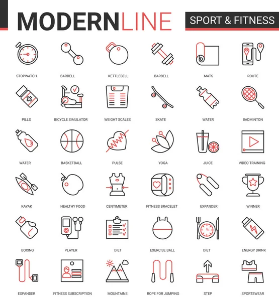 Fitness estilo de vida saludable plano delgado rojo línea negra icono vector ilustración conjunto con equipos deportivos atléticos esbozar símbolos para ejercicios deportivos y actividad de yoga — Vector de stock