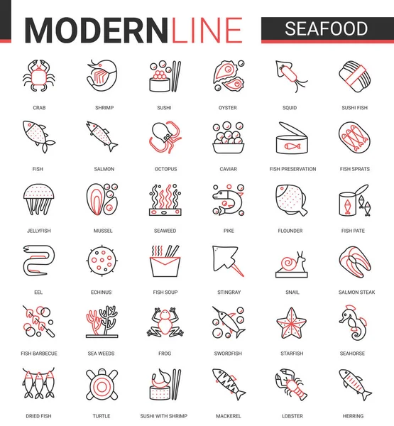 Fruits de mer pour magasin café restaurant mince ligne rouge noire icône vectorielle illustration ensemble de caviar de poisson, steak de saumon frais pour la cuisson, poulpe de crabe huître — Image vectorielle