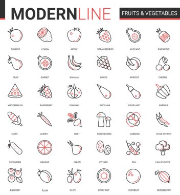 Meyve sebzeleri düz kırmızı çizgi ikon vektör illüstrasyonu ana hatlı taze organik vejetaryen gıda sembolleri koleksiyonu