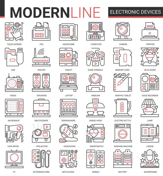 Elektroniska enheter ikon vektor illustration set, datortillbehör och köksmaskiner samling av kontur elektroniskt symboler för gadget eller köksutrustning butik — Stock vektor