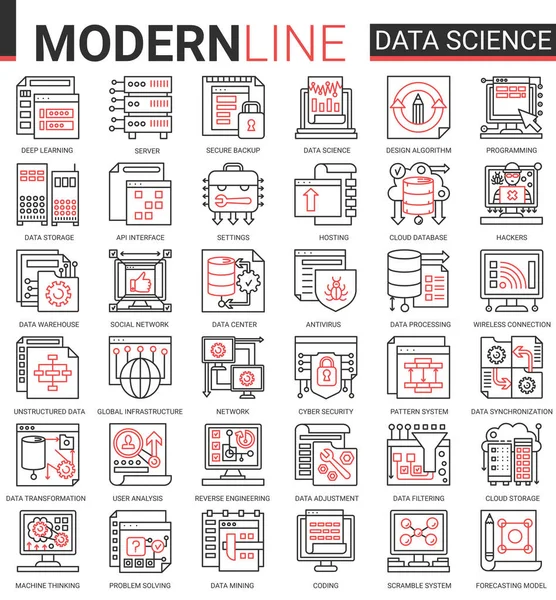 Complexo de ciência de dados linha preta vermelha fina ícone vetor ilustração conjunto com esboço símbolos coleção de tecnologia científica em sistemas de armazenamento de banco de dados internet —  Vetores de Stock