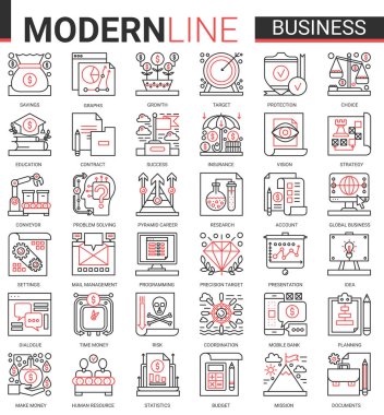 İş kompleksi ince kırmızı çizgi ikon vektör çizimi, para tasarrufu büyümesi ve başarılı bütçe planlaması için iş stratejisinin ana hatları bilgisel sembolleri.