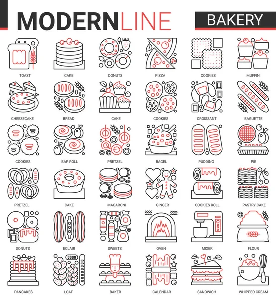 Panadería rojo negro delgada línea icono vector ilustración conjunto, dulce comida postre esquema pictograma colección con productos de panadería de azúcar chef y equipo — Archivo Imágenes Vectoriales