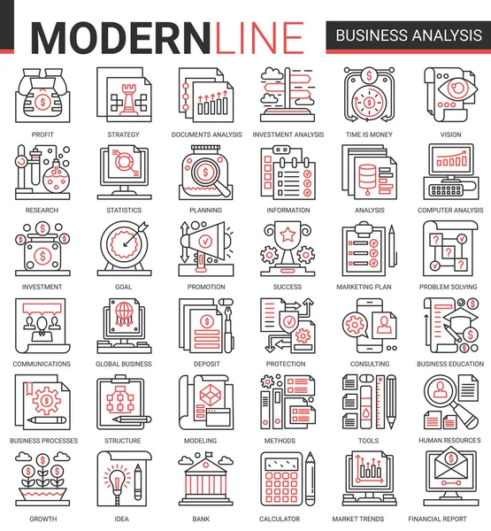 Business analytics mince rouge ligne noire icônes vectoriel illustration set, outils analyste homme d'affaires pour l'analyse numérique de l'information boursière, stratégie de conseil — Image vectorielle