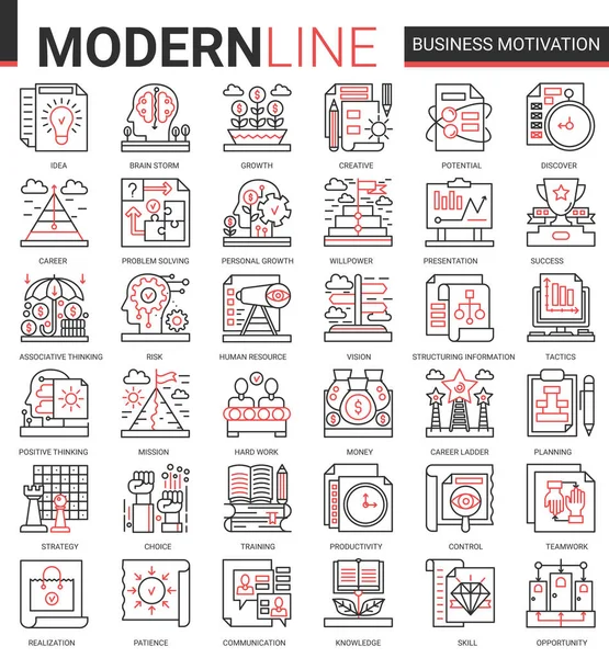 Motivação empresarial plano fino vermelho linha preta ícone vetor ilustração conjunto com símbolos de esboço motivacionais para a produtividade dos processos financeiros, planejamento do trabalho em equipe — Vetor de Stock