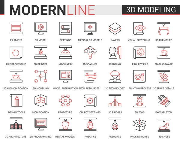 3D yazıcı teknolojisi düz web ikonu vektör illüstrasyon seti, 3D modelleme modern siber teknoloji yazıcı ekipman makineleri, gelecekteki bilimsel yenilikler — Stok Vektör