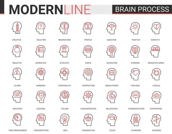 뇌는 납작하고 얇은 붉은 선 아이콘 벡터 일러스트로 설정되어 학습, 공감, 사회 심리학, 창의성에 대한 인간의 마음 과정 — 스톡 벡터