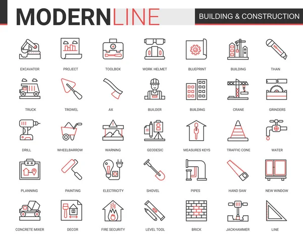 Building construction thin red black line icons vector illustration set with builders tools and crane equipment, city architecture development — Stock Vector