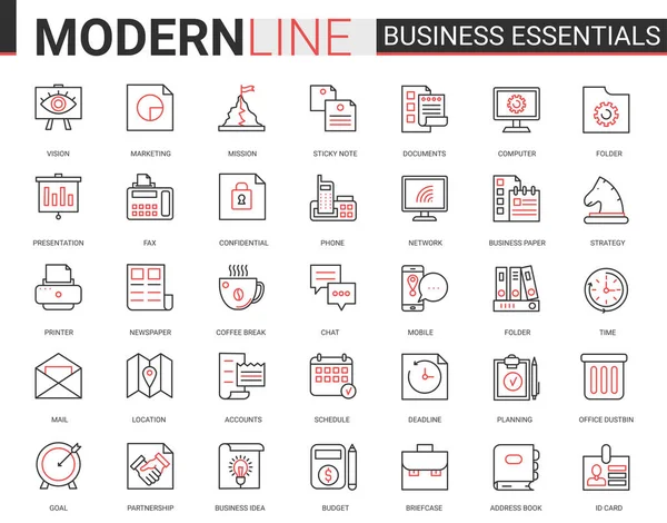 Illustration vectorielle d'icône de ligne noire rouge mince d'affaires avec des objets de bureau, du matériel et des documents pour le développement financier — Image vectorielle