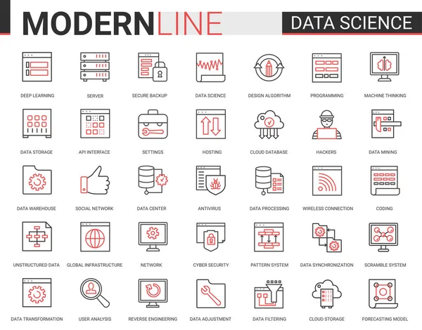 Ciência de dados fina linha preta vermelha ícone vetor ilustração conjunto com esboço símbolos coleção de tecnologia científica em sistemas de armazenamento de banco de dados internet —  Vetores de Stock