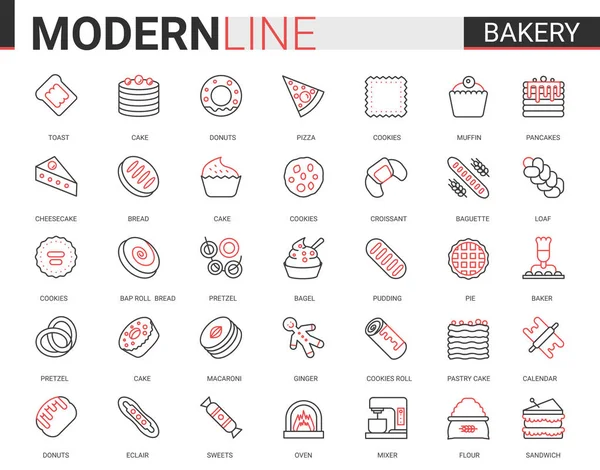Panadería plana delgada roja línea negra icono vector ilustración conjunto, dulce comida postre esquema pictograma colección con productos de panadería de azúcar chef y equipo — Archivo Imágenes Vectoriales