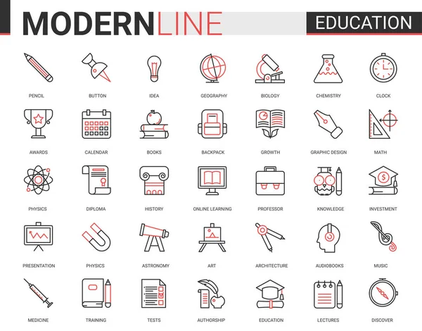 Edukacja płaska cienka czerwona czarna linia wektorowa ilustracja zestaw z zarysem szkoły infograficznej, laboratoryjnych lub uniwersyteckich symboli edukacyjnych, laboratoryjnych urządzeń eksperymentalnych, podręcznik szkolny i papeteria — Wektor stockowy