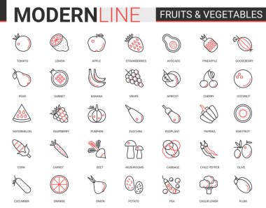 Meyve sebzeleri düz kırmızı çizgi ikon vektör illüstrasyonu ana hatlı taze organik vejetaryen gıda sembolleri koleksiyonu