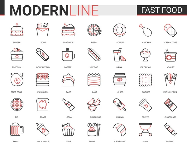 Fast food plat mince rouge ligne noire icônes vectoriel illustration ensemble, collection de malbouffe de hamburger linéaire pizza beignet gâteau pancakes croissant — Image vectorielle