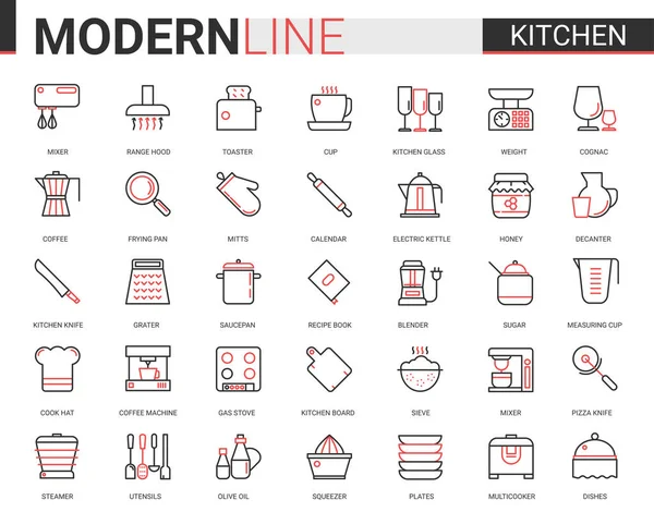 Kuchnia płaska linia wektor ikona zestaw ilustracji, ze szklanym naczyniem, narzędzia sprzęt do gotowania żywności i AGD urządzenia mobilne kolekcji symboli aplikacji — Wektor stockowy
