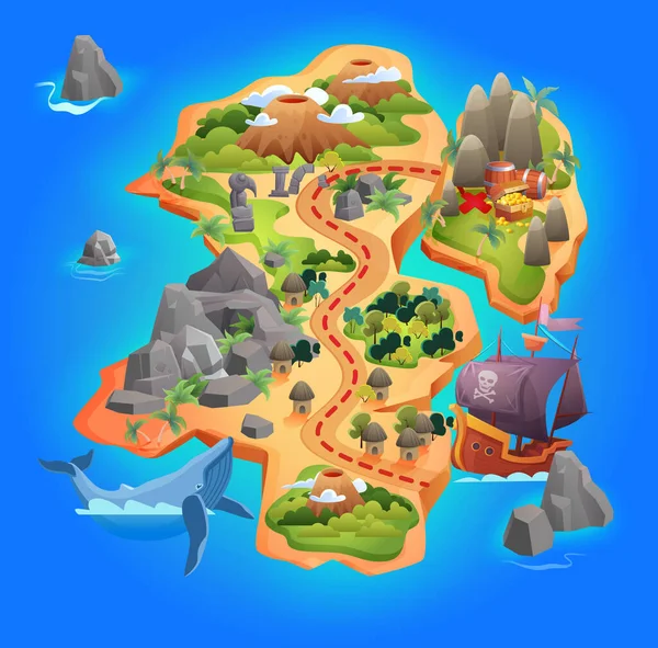 Mapa gry skarb, kreskówka tropikalna mapa wyspy wskazująca kierunek drogi do skarbu złota piratów — Wektor stockowy