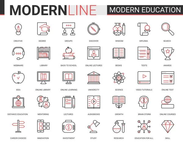 Educação moderna plana linha preta vermelha fina ícones vetor ilustração conjunto com símbolos de tecnologia educacional linear para aplicativos móveis com aprendizagem de processo — Vetor de Stock