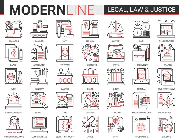 Juridisch recht en justitie pictogram vector illustratie set van mobiele app website symbolen met justitiële wetgeving onderwijs, advocaat verdediging, politie onderzoek — Stockvector