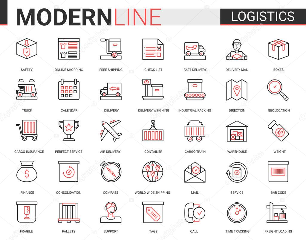 Logistics transportation, delivery service flat line icon vector illustration set for mobile app website with freight transport, warehouse loading, shipping