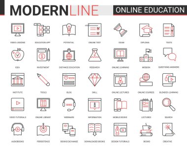 Çevrimiçi uzaklık eğitimi düz kırmızı çizgi simgeleri doğrusal eğitim teknolojisi sembolleri ile süreç öğrenimi ile birlikte çizilmiş vektör illüstrasyonu