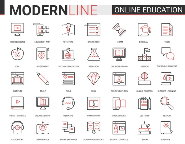 Educación a distancia en línea plana delgada línea negra roja iconos vector ilustración conjunto con símbolos de tecnología educativa lineal para aplicaciones móviles con el aprendizaje de procesos — Vector de stock