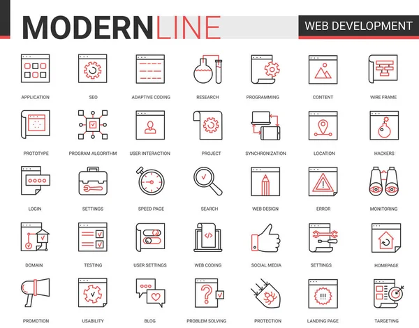 Desenvolvimento web fino vermelho linha preta ícone vetor ilustração conjunto, desenvolvimento de símbolos coleção de otimização para conteúdo da página web, aplicativo de design de interface de usuário —  Vetores de Stock