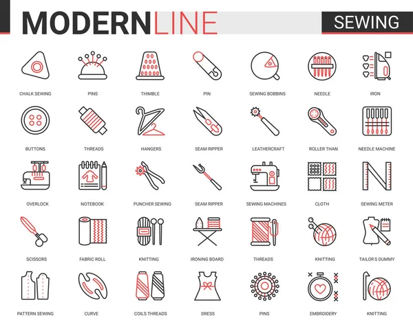 얇고 붉은 검정 색 라인 아이콘 아이콘 일러스트 세트, 장비및수 놓기 뜨개질 또는 재봉틀 작업을 위한 물품 컬렉션 — 스톡 벡터