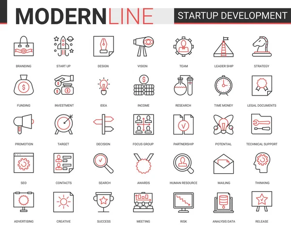 Tecnología de desarrollo de startups empresariales conjunto de ilustración de vectores de iconos de línea negra roja delgada, delinear una estrategia de negocio exitosa para comenzar nuevos símbolos de proyecto — Archivo Imágenes Vectoriales