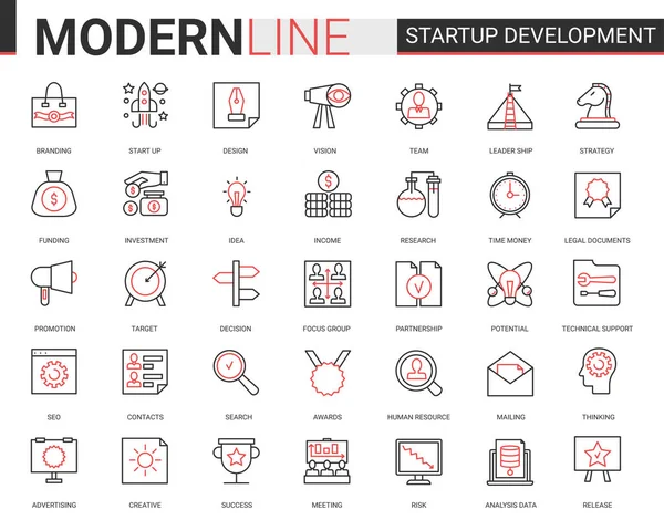 Existenzgründungstechnologie dünne rote schwarze Linie Symbol-Vektor-Illustration gesetzt, umreißen erfolgreiche Geschäftsstrategie für den Start neuer Projekt-Symbole — Stockvektor