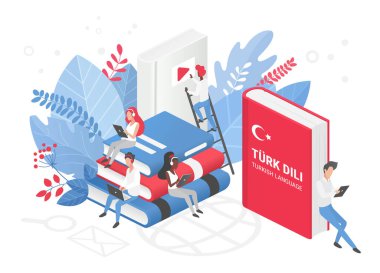 İnsanlar Türkçe vektör izometrik üç boyutlu illüstrasyon öğreniyorlar. Türkiye uzaktan eğitim, çevrimiçi öğrenme kursları konsepti. Öğrenciler çizgi film karakterleri okuyor. Yabancı diller öğretiyor.