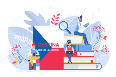 Çevrimiçi dil kursları düz vektör illüstrasyonu. Uzaktan eğitim, uzaktan eğitim, Çek üniversitesi. İnternet sınıfı, yabancı dil okulları. Çek kitapları okuyan öğrenciler