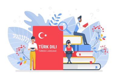 İnsanlar Türkçe vektör illüstrasyonunu öğreniyorlar. Türkiye uzaktan eğitim, çevrimiçi öğrenme kursları konsepti. Öğrenciler çizgi film karakterleri okuyor. Yabancı diller öğretiyor.