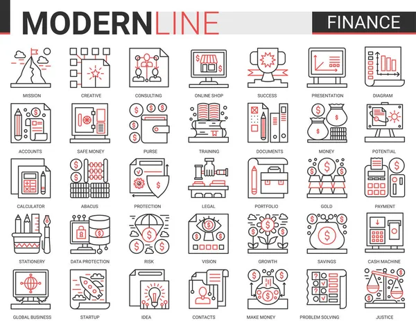 Finanças fino vermelho linha preta ícone vetor ilustração definido com esboço financeiro negócio símbolos coleção de tecnologia de análise de comércio, consultoria de dados econômicos e análise de conta bancária —  Vetores de Stock