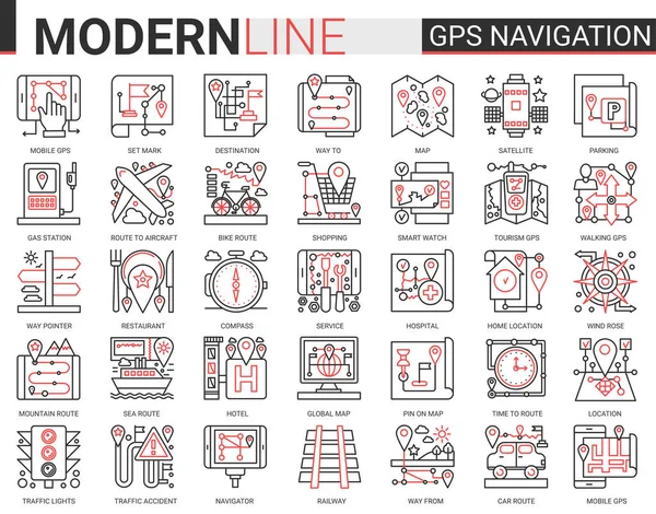 Gps Navigationsdienst flache Linie Symbol Vektor Illustration Set Sammlung von Reisesymbolen für mobile Navigator, Karte Geo-Standort von zu Hause oder Reiseziel — Stockvektor