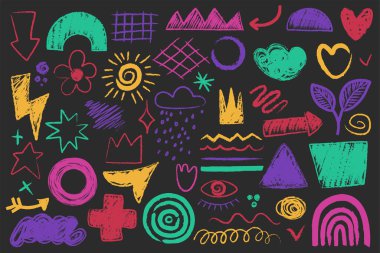Soyut karalama renkli tebeşir şekilleri, çocuksu el yazmaları seti. Pastel boya kalemi, çocukların resim koleksiyonu. Saf tablolar, kalp ve karalamalar, gökkuşağı ve ok vektör çizimleri.