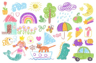 Canlı bir çocuk çizim seti. Hayvanların, havanın, doğanın, oyuncakların ve fantezi karakterlerin yer aldığı karalamalar. Yaratıcılık ve hayal gücünü, vektör illüstrasyonunu ifade eder.