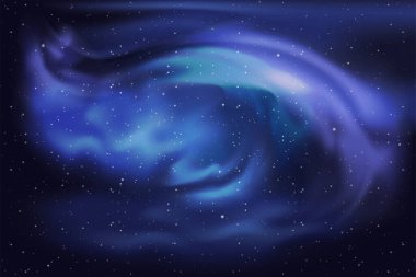 Evrende nebulası olan yıldızlı uzay, yıldızlı gece gökyüzü ve kuzey ışıkları. Kozmosta kozmik toz bulutu, sihirli galaktik yıldız ışığı parıltısı, Samanyolu galaksi çizimi.