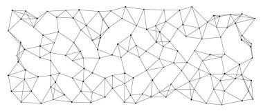 Siyah çizgilerin ve noktaların dinamik ağı, beyaz izole bir zemin üzerinde düzensiz bir ağ deseni oluşturuyor. Teknoloji, bilim veya dijital ağ çizimleri için mükemmel.