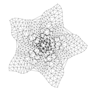 Birbirine bağlı çokgen çizgiler ve düğümler tarafından oluşturulan soyut geometrik yıldız şekli, beyaz arkaplan çizimi üzerinde izole edilmiş teknoloji, bilim veya dijital tasarım arka planı için idealdir.