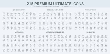 Dil öğrenme, sanal gerçekliğin geleceği, otomatik yapay zeka eğitimi, dijitalleştirme çizgisi simgesi seti. İşlemler ve veriler için bütünleşik yapay zeka, çift dilli diyalog ince siyah ana hatlı vektör illüstrasyonuName