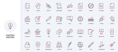 Yazarların yaratıcı fikir ve metinleri makale oluşturma, yayınlama, en çok satan kitap satırları ikonu setinin telif hakkı koruması. İnce siyah ve kırmızı çizgili yazarın tüy ve kalemi vektör çizimi