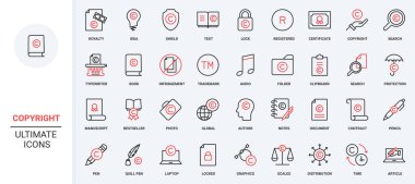 Ticari marka ve fikri mülkiyet koruması, patent kaydı, yasal mülkiyet hakkı simgesi seti. Özgün metin ve içerik lisansı, ince sertifika siyah ve kırmızı dış hat sembolü çizimi