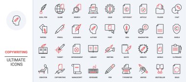 Yazar tarafından içerik oluşturma, fikirleri arama ve blog makalesi için ilham, kitap satırı simgesi seti. Daktilo ve kalem, yazarlar kalem ve klavye ince siyah ve kırmızı ana hatlı vektör çizimi