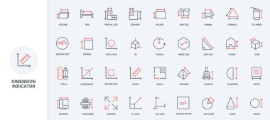 Geometrik şekiller, alan ve yer planı ölçüm çizgisi simgesi için boyut okları ayarlandı. Bagaj ve hayvan taşıyıcısı, paket kutusu ve oda boyutu, cetvel ince siyah ve kırmızı ana hat çizim sembolleri vektör çizimi