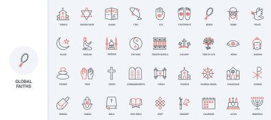 Dünya dinlerinin, Hristiyanlığın, İslam 'ın, Yahudiliğin ve Budizm çizgisinin küresel çeşitliliği. Tanrı 'ya, tapınağa ve ritüele olan inanç ve umut ince siyah ve kırmızı çizgili semboller.
