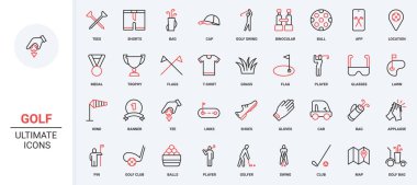 Golf ve çim sahası ekipmanları, araba çizgisi simgesi seti. Golf sopası ve top, eldivenler ve ayakkabılar, oyun oynamak ve ödül kazanmak için oyuncu araçları ince siyah ve kırmızı çizgili çizgiler vektör çizimleri