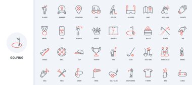 Profesyonel golfte golf ekipmanı ve çimen sahası. Turnuva ikonu ödülü seti. Top ve golf sopası, golf sopası ve çanta, bayrak eğitimi ince siyah ve kırmızı çizgili semboller vektör ilülasyonu.