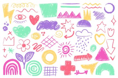 Soyut karalama renkli tebeşir şekilleri, çocuksu el yazmaları seti. Pastel boya kalemi, çocukların resim koleksiyonu. Saf tablolar, kalp ve karalamalar, gökkuşağı ve ok vektör çizimleri.